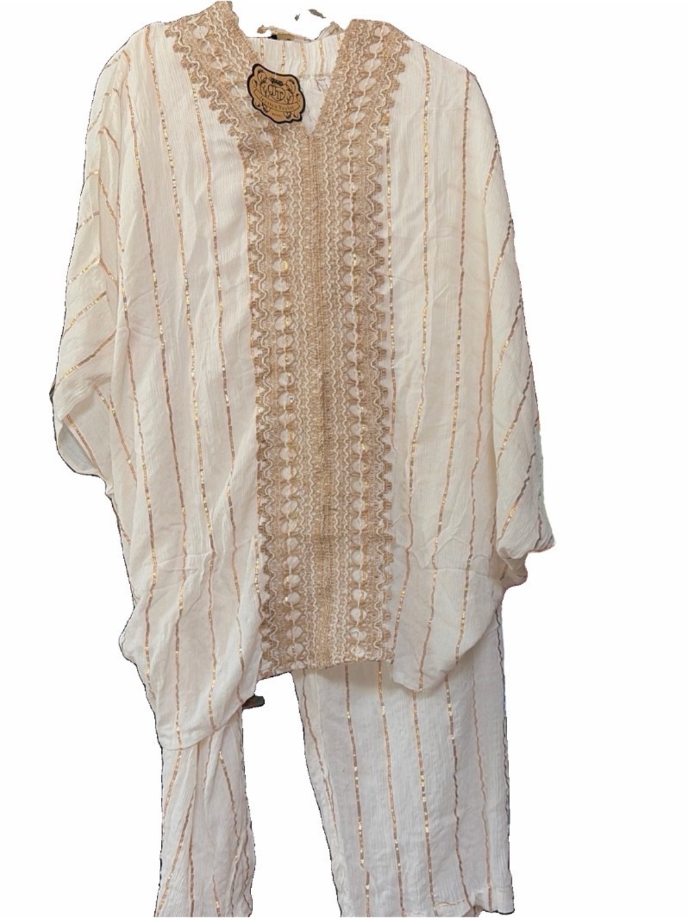 NWT ethnic boho kaftan tunic pent set 2 pc ivory gold viscose lurex OSFM plus